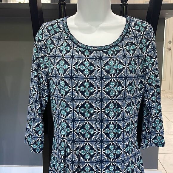 New! Jersey knit blue print A-line 3/4 sleeve pull over midi dress - Picture 3 of 16